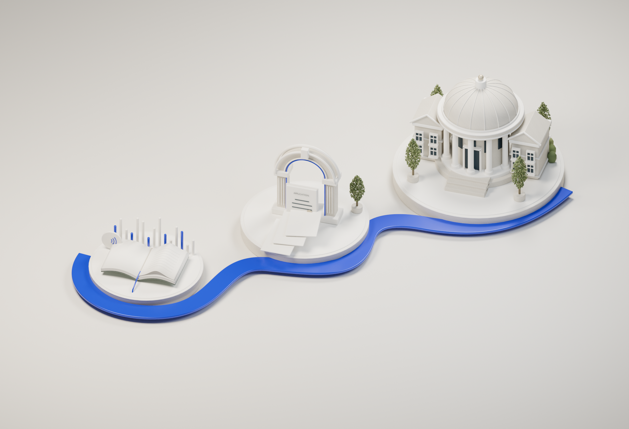 An open book, an application gateway, and a university campus connected by a cobalt path.